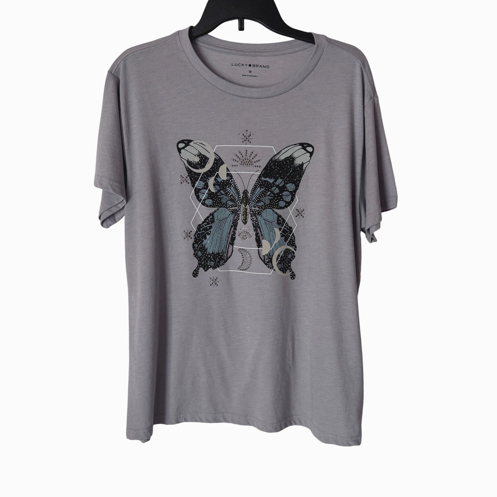 Lucky Brand Women Dapple Gray Graphic Short Sleeve Top Shirt Size M
